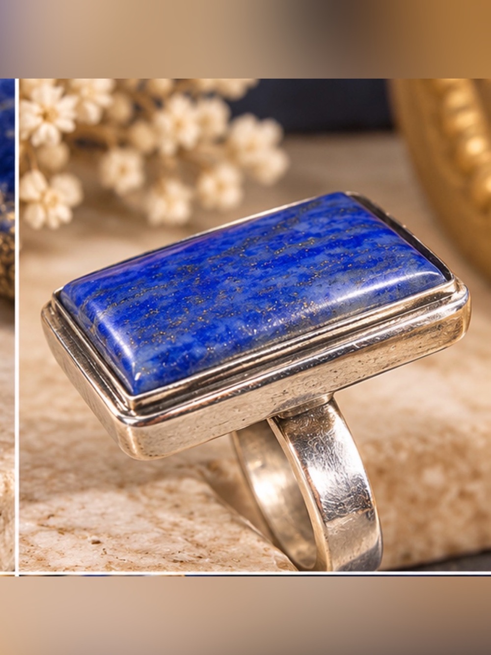 925 Sterling Silver plated Lapis Rectangular Statement Ring - Blue